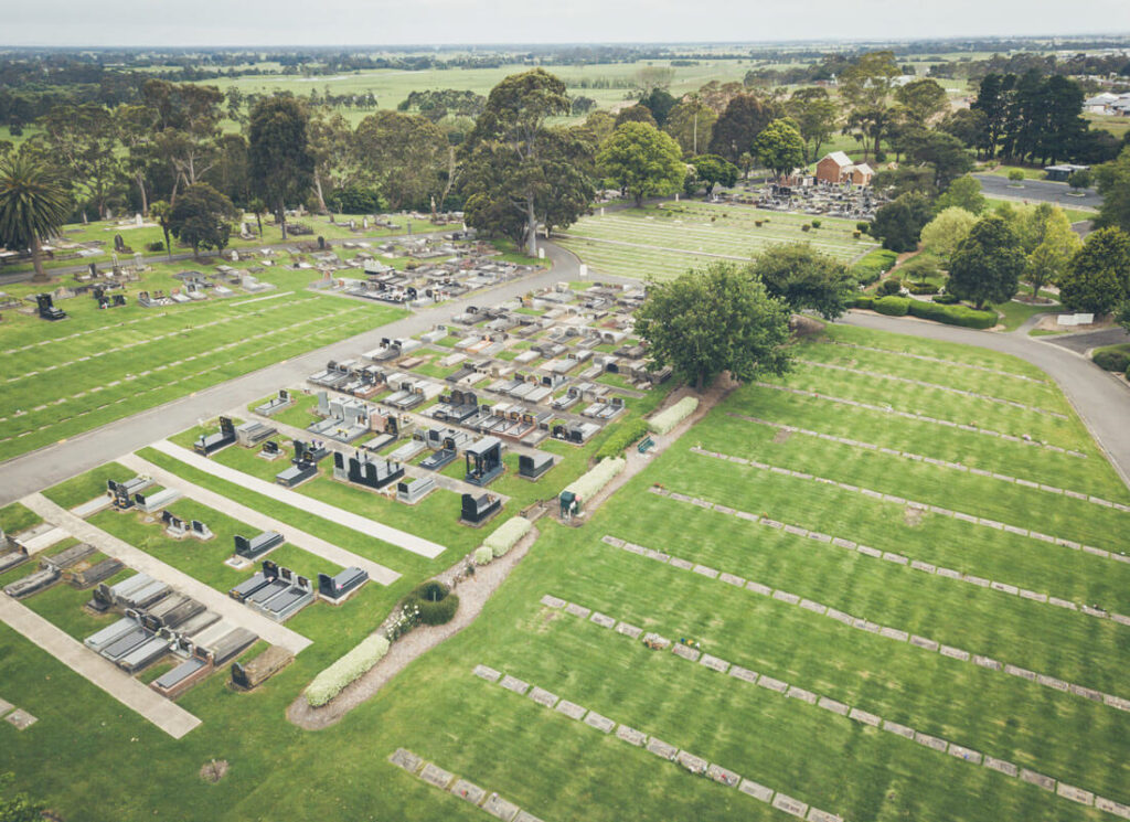 Aerial view of graves at a cemetery