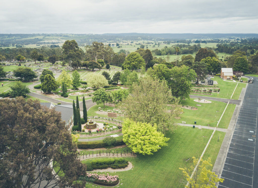 Aerial photo looking down at Traralgon Cemetery gardens