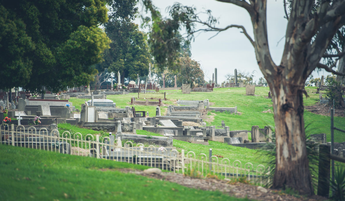 Historic graves on hillside at Traralgon Cemetery