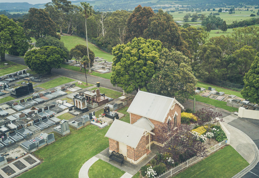 Aerial view of the Old Lodge historical brick building at Gippsland Memorial Park Traralgon