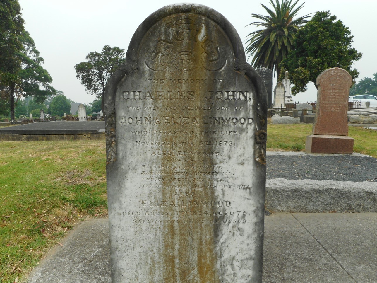 Old headstone with brown stain line down the centre