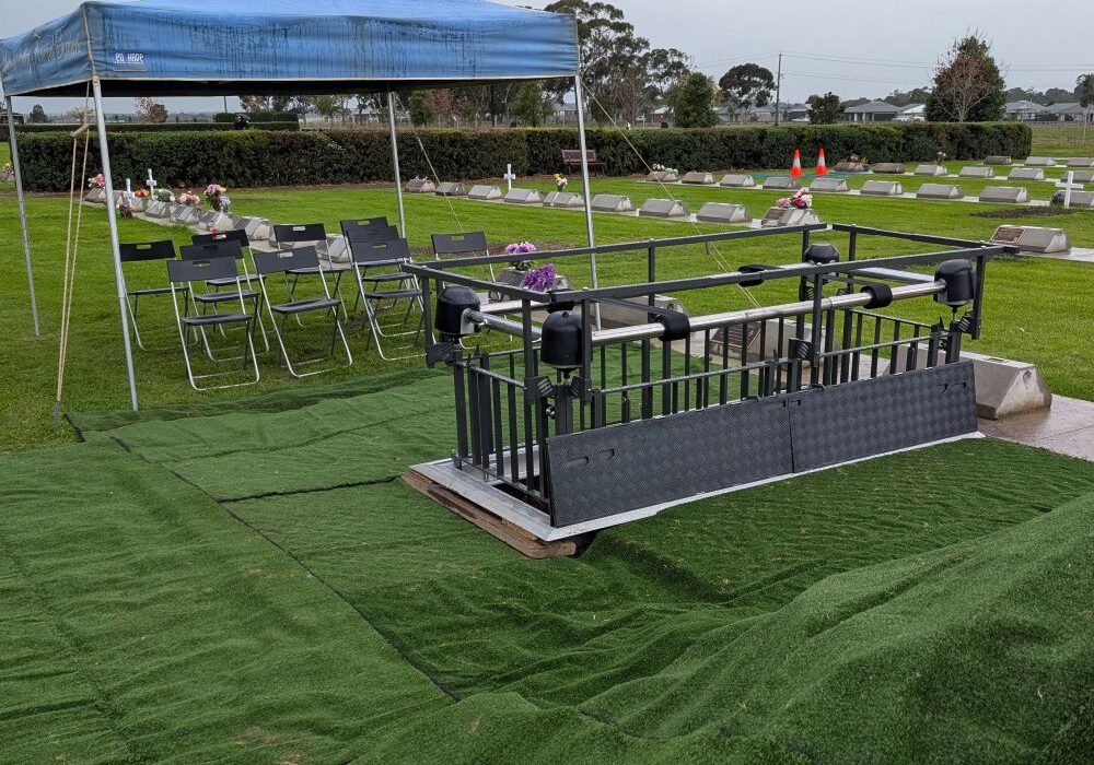 Grave surround set up on lawn